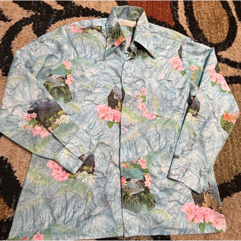 Vintage Sears Kings Road Alps Map Neuschwanstein Castle Floral Shirt Mens L